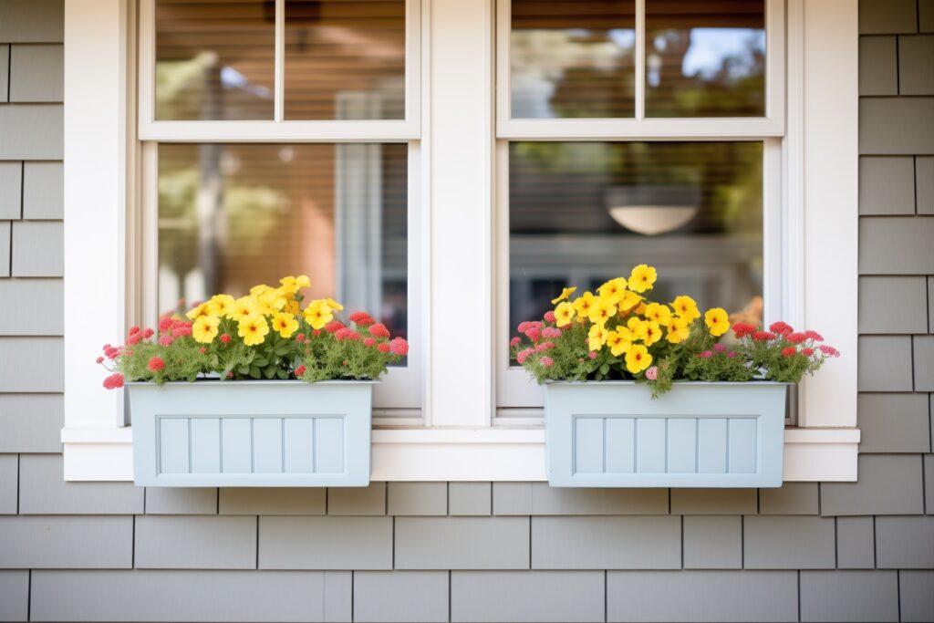 closeup of diamondpane windows with flower boxes