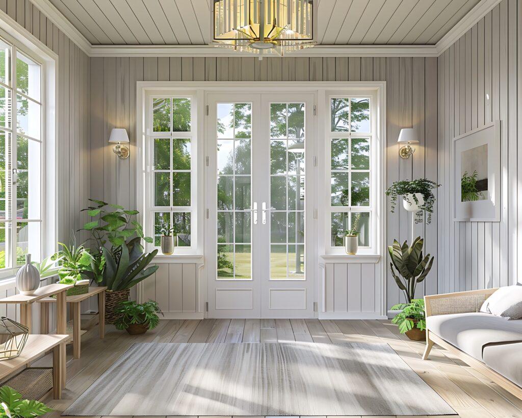 Wooden walls in sunroom, white French doors, light grey paneling, cream window frames, plants, coffee table near entrance, front door view.