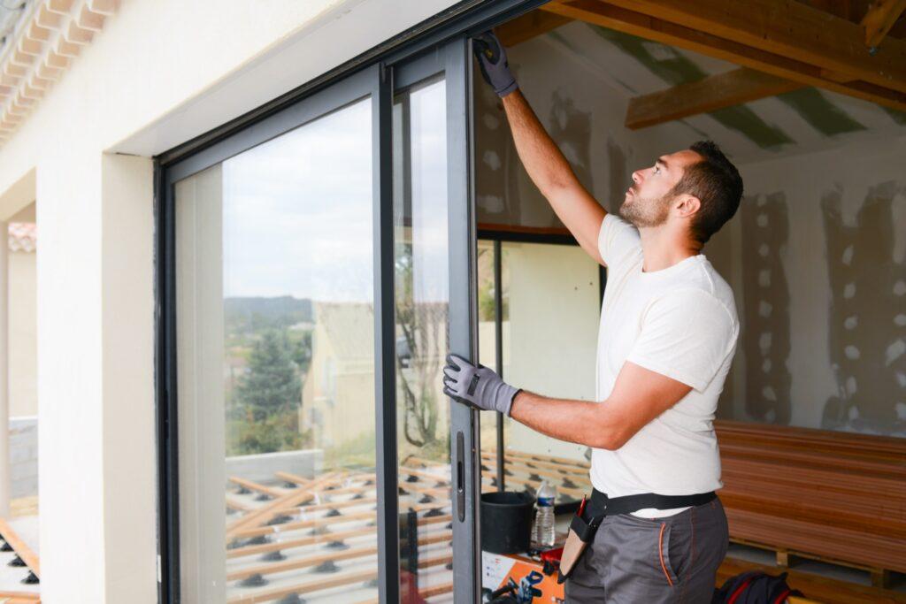 young man installing new construction door in a new house construction site