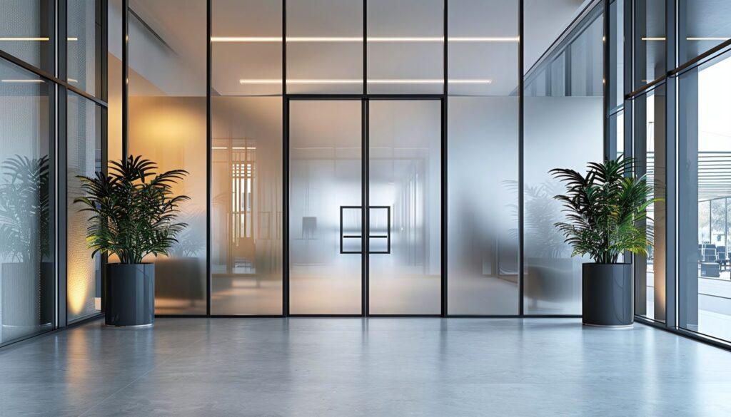 See a frosted glass office door with a bold black metal frame and matching handle