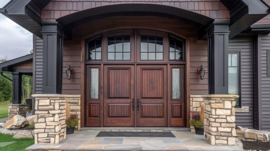 suburban farmhouse with an impressive front entry, featuring double wooden doors and stone accents