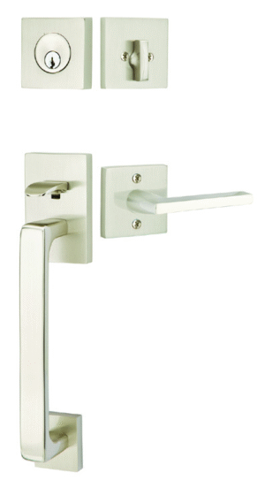 Baden Tubular Entry Set with Helios Lever in Satin Nickel finish featuring square rosettes and rectangular handle design
