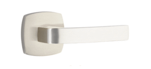Breslin Lever with Urban Modern Rosette in Satin Nickel featuring smooth modern design and curved handle detail