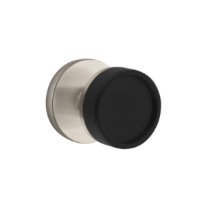Conical Stem with Knurled Handle and Disk Rosette in Satin Nickel and Flat Black finish featuring precision textured grip and modern circular rosette design