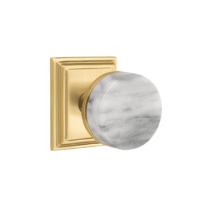 Conical Stem with Marble Handle and Wilshire Rosette in Satin Brass and White Marble finish featuring natural stone texture and classic square rosette design