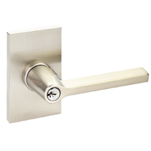 Helios Key In Lever with Modern Rectangular Rosette in Satin Nickel finish featuring minimalist rectangular design