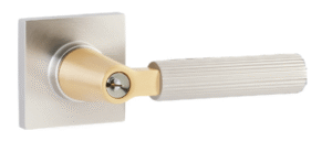 Key In L-Square Stem Straight Knurled Handle with Square Rosette in Satin Brass and Satin Nickel finish