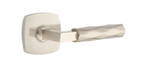 L-Square Stem with Tribeca Handle and Urban Modern Rosette in Satin Nickel finish featuring sculpted geometric lever design and brushed modern surface