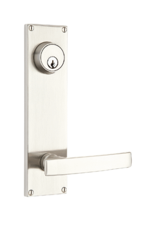 Modern 5 ½ inch C-to-C Keyed Sideplate with Geneva Lever in Satin Nickel finish featuring rectangular backplate design
