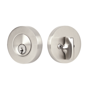 Modern Disc Deadbolt in Satin Nickel with round rosette, keyed exterior and interior thumb turn