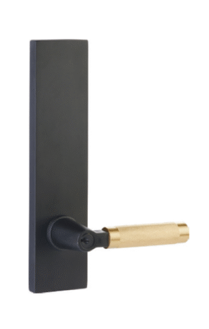 Modern Rectangular Single-Point Lockset with L-Square Stem Knurled Handle in Flat Black and Satin Brass finish featuring rectangular backplate