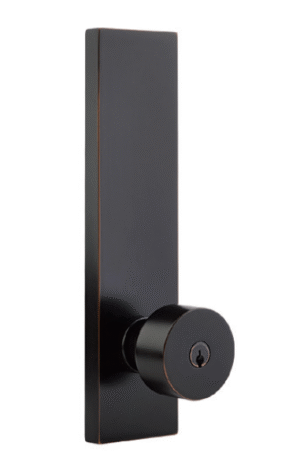 Modern Rectangular Single-Point Lockset with Round Key In Knob in Oil Rubbed Bronze finish featuring tall rectangular backplate