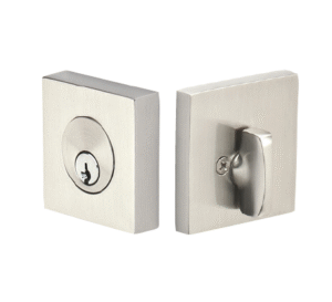 Square Deadbolt in Satin Nickel finish with modern square rosette and key cylinder